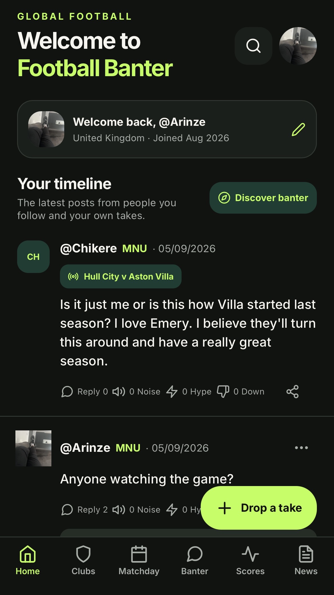Football Banter mobile app showing a fan timeline and matchday banter