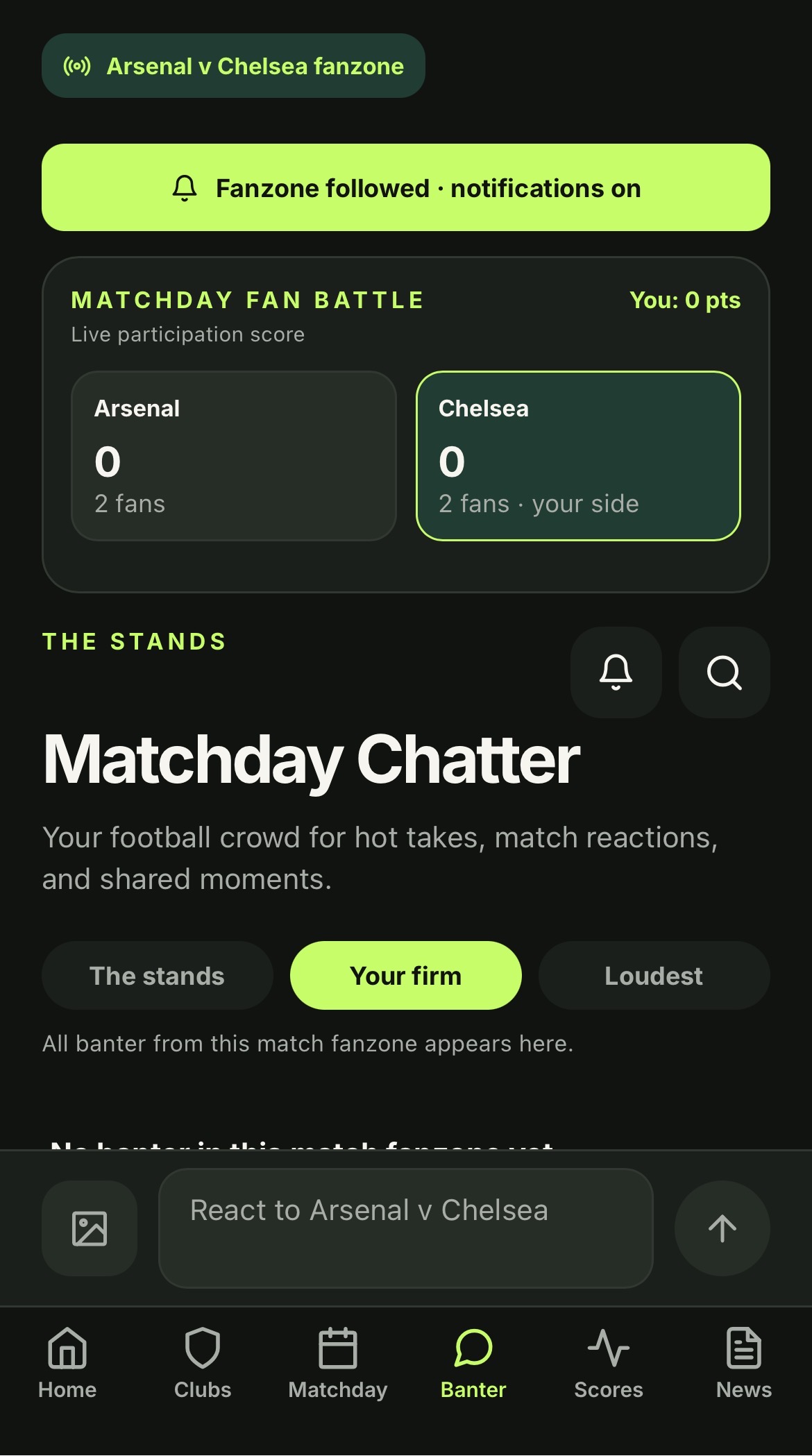 Football Banter fanzone showing an Arsenal versus Chelsea matchday fan battle and banter feed